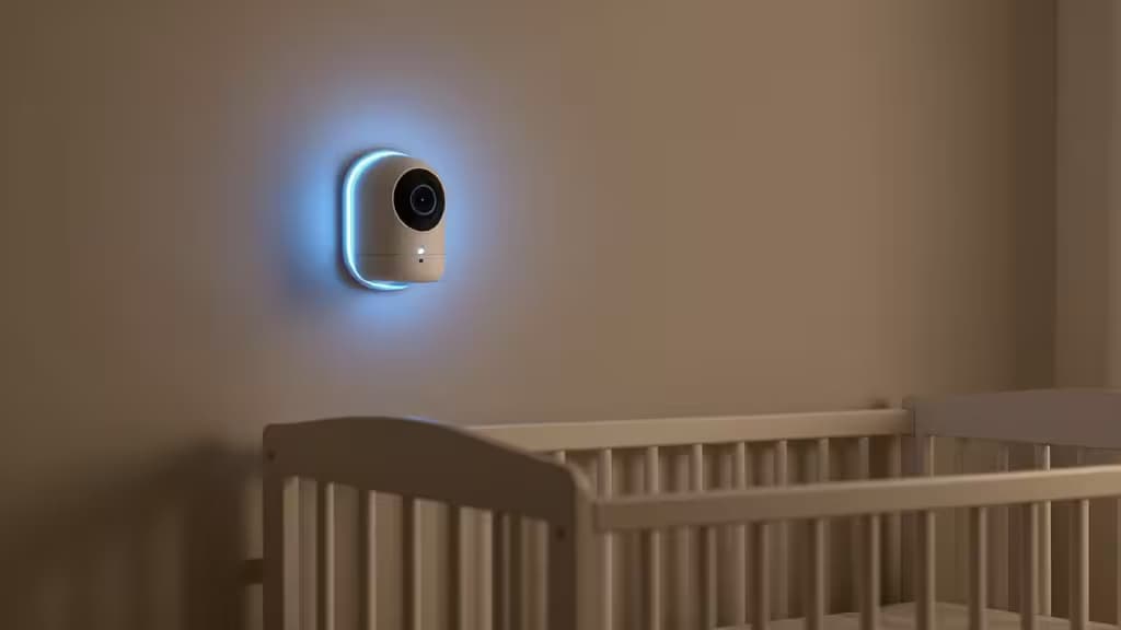 A sleek white smart camera with a glowing blue ring is mounted on a beige wall above a wooden crib.