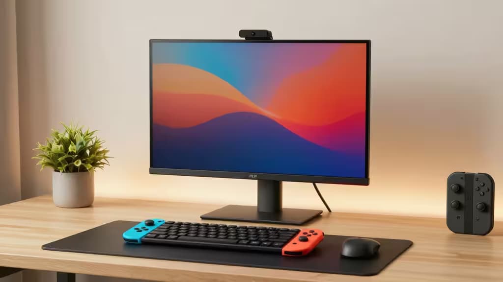 Een draagbare monitor toont levendige kleuren, naast een Nintendo Switch-controller en toetsenbord op een houten bureau.