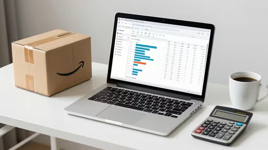 Amazon box, laptop with accounting software, calculator, and coffee on white desk.
