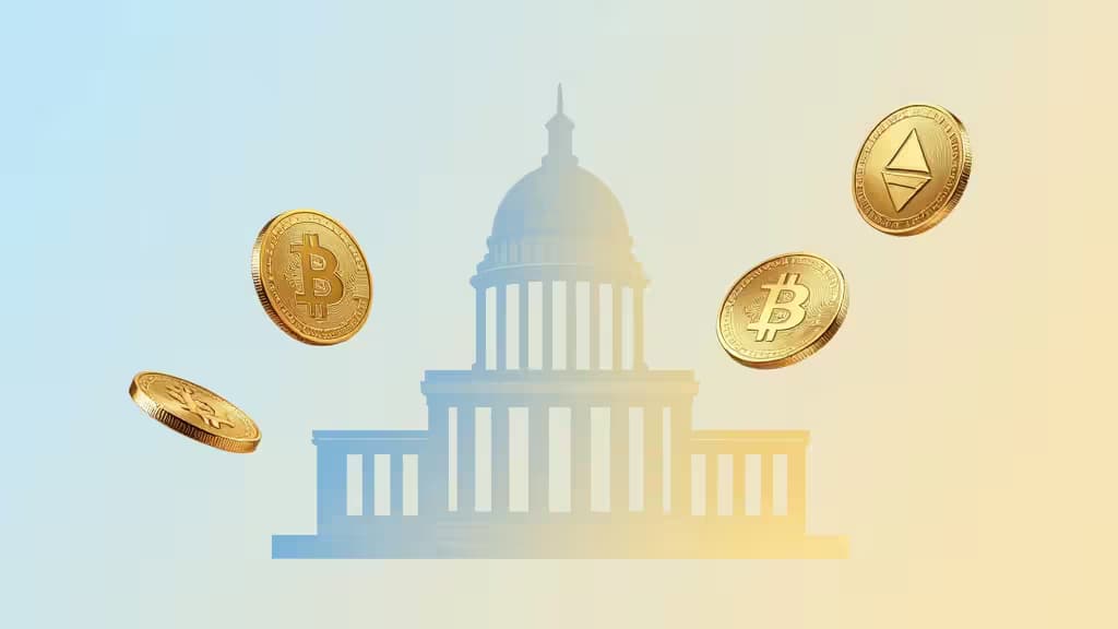 Golden Bitcoin and Ethereum coins float before a translucent government building silhouette, symbolizing regulated crypto ETF access for European investors.