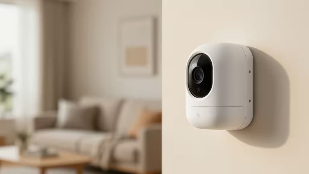 ベージュの壁に取り付けられた白い屋内用防犯カメラ、背景にはぼやけたリビングルームのソファとコーヒーテーブルが見える