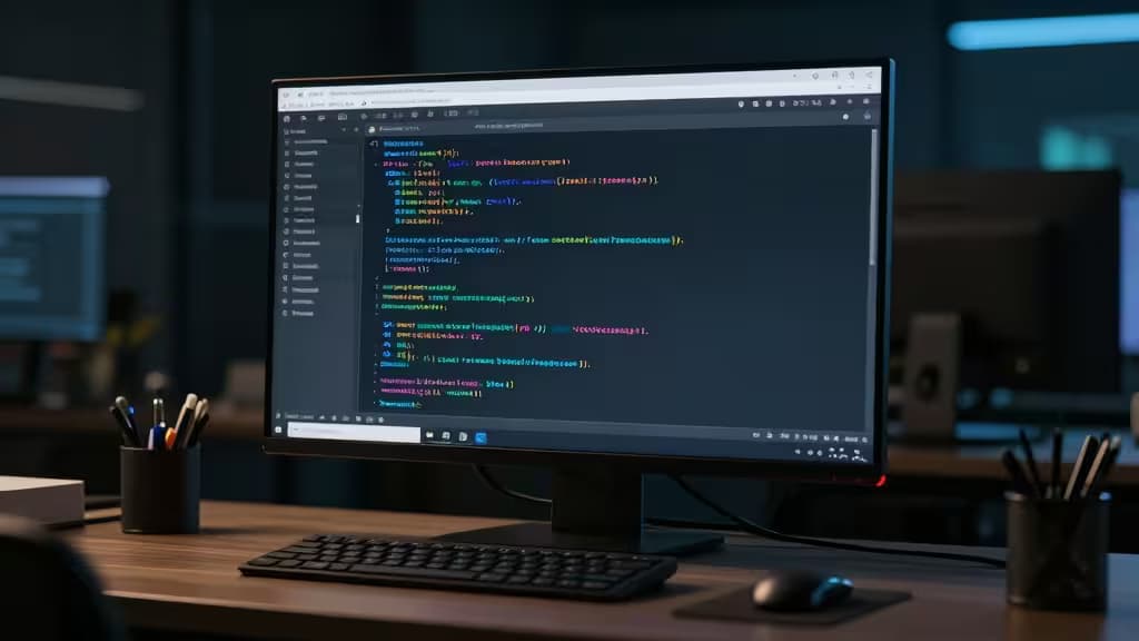 Un écran d'ordinateur affiche du code CLI coloré sur un bureau en bois, entouré de stylos et d'une souris.