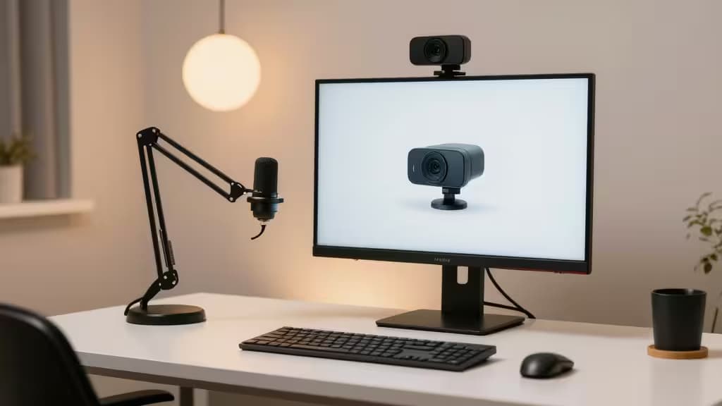 A sleek black webcam sits atop a monitor on a clean white desk, flanked by a microphone and keyboard under warm studio lighting.