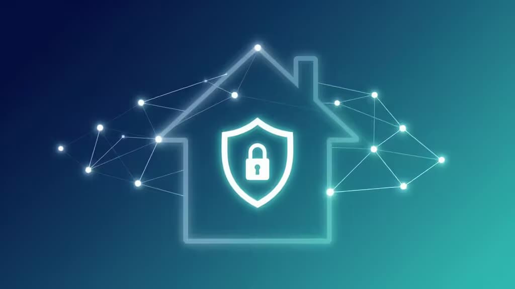 Glowing mesh network nodes connect across a translucent house outline, centered with a luminous security shield icon on a blue gradient background.
