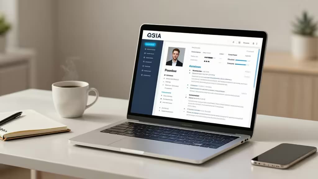 Silver laptop displays AI resume builder on white desk beside coffee cup and notebook.