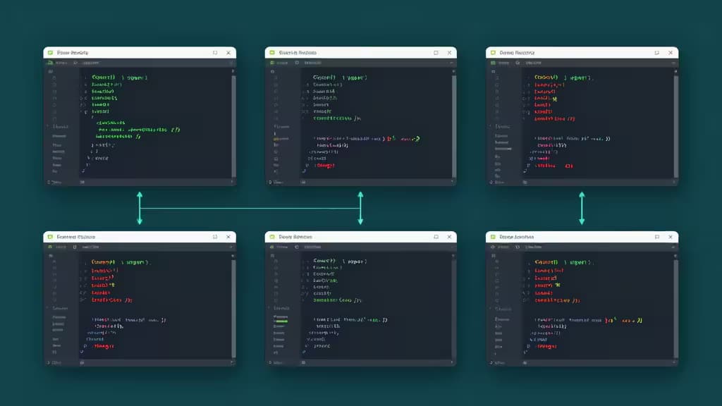 コードレビューのワークフローを抽象的に表現したエディトリアルイラスト。緑と赤の差分マーカーとAIアシストの光線が、ダークティールの幾何学的なコードエディタパネル上に配置されている。