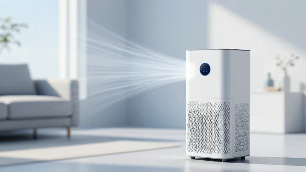 Moderner smarter Luftreiniger in einem hellen, minimalistischen Wohnraum mit sauberer Luft und weichem Morgenlicht