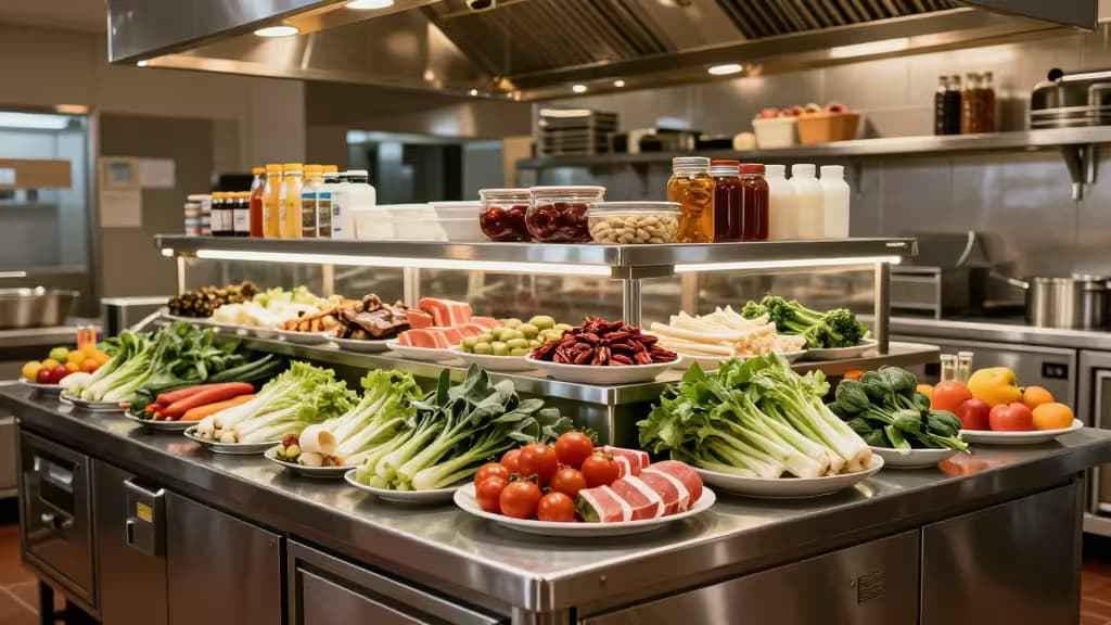 Profesjonalna kuchnia restauracyjna ze stali nierdzewnej z uporządkowanym zaopatrzeniem i świeżymi składnikami pod ciepłym oświetleniem