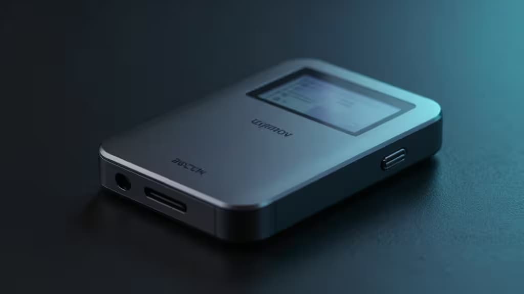 Sleek gray Ledger Nano S Plus hardware wallet rests on dark surface, illuminated by cool blue accent lighting.