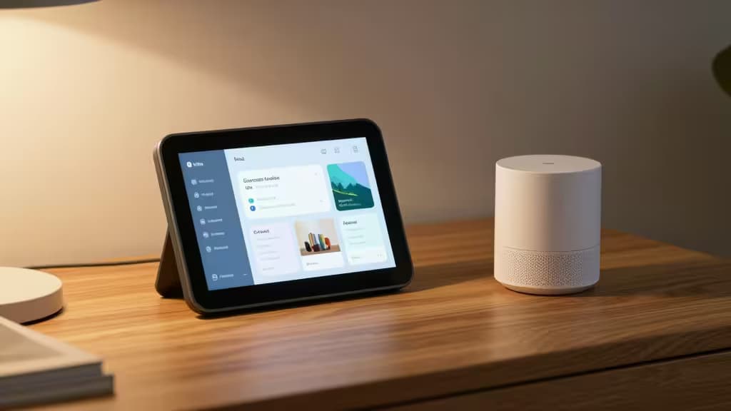 Um Nest Hub Max e um Aqara Hub M1S sobre uma superfície de madeira, demonstrando integração de casa inteligente.