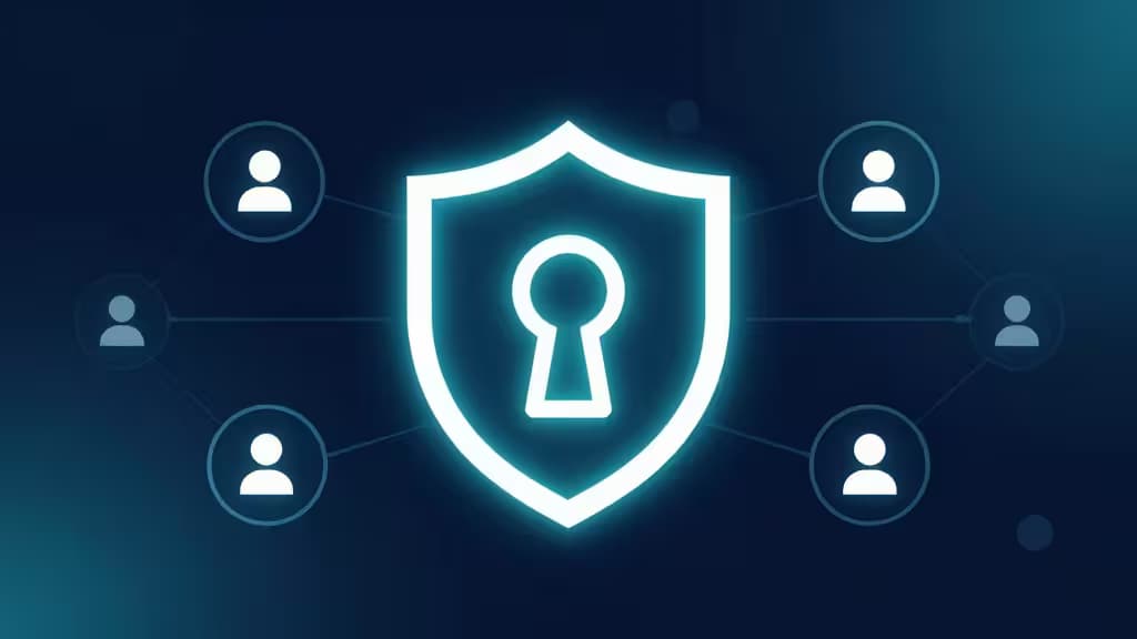 Glowing shield with keyhole connects user icons on dark blue background, symbolizing secure authentication services for developers.