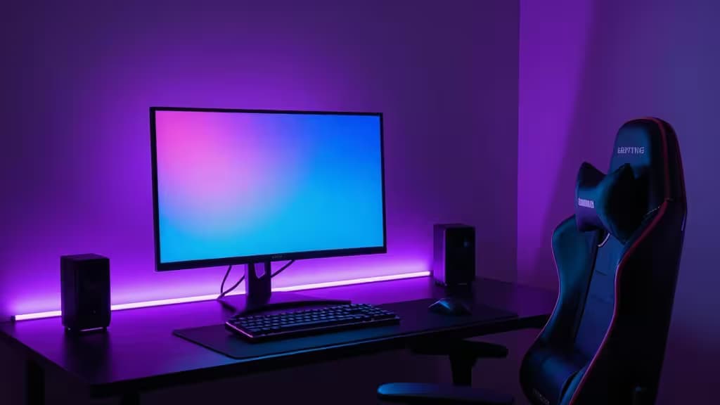 Игровой стол с монитором, RGB-подсветкой по периметру и геймерским креслом в фиолетовом неоновом освещении