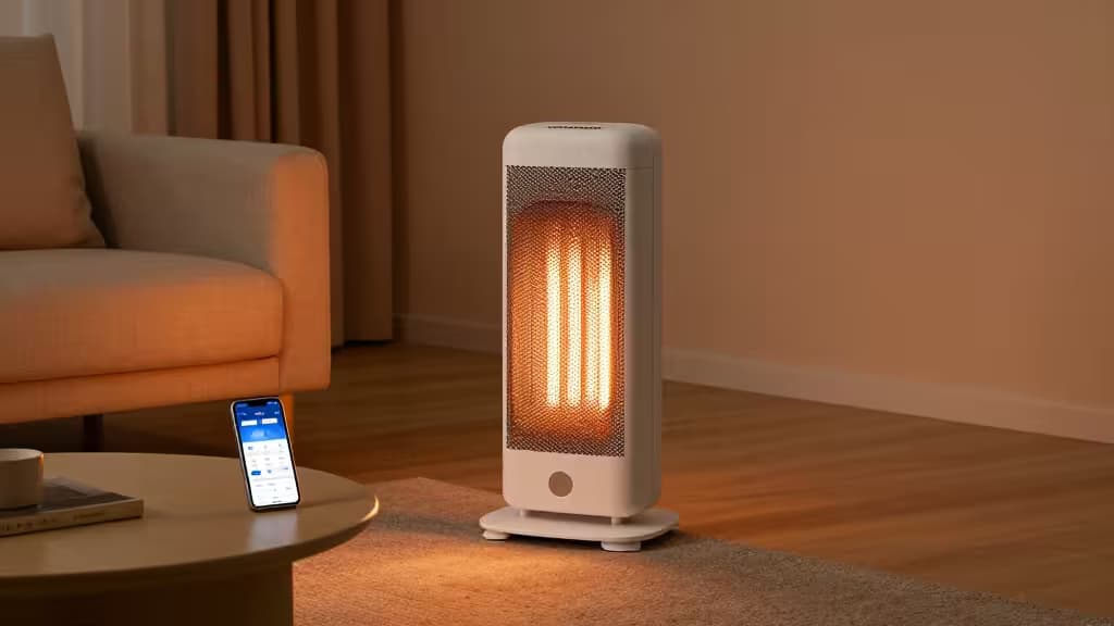 Aquecedor cerâmico branco brilha suavemente ao lado de um smartphone que mostra a app de controlo, sobre uma mesa de centro de madeira.
