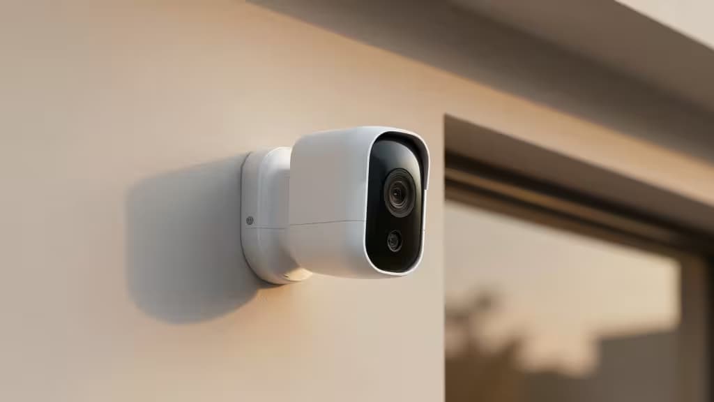 Witte plastic beveiligingscamera gemonteerd op beige stucmuur, lens naar rechts gericht, zacht schemerlicht werpt een zachte schaduw.