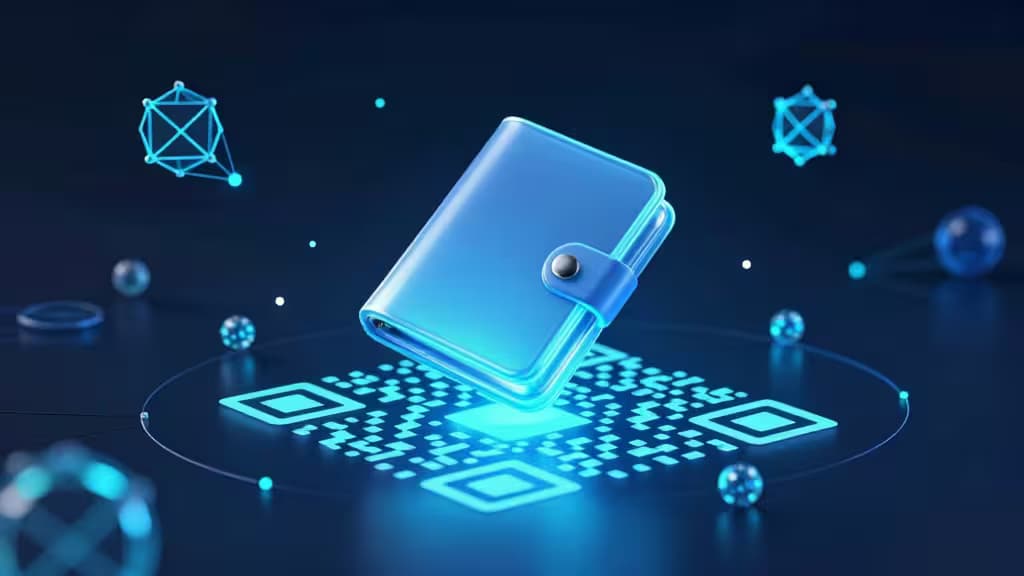 Glowing blue wallet hovers over a QR code, surrounded by floating blockchain nodes and spheres.