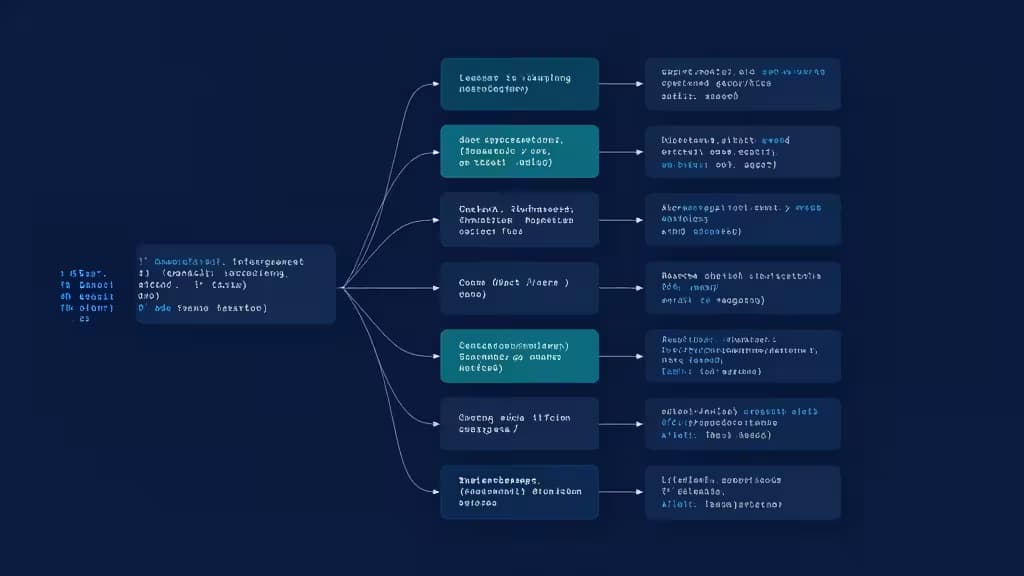 Abstract illustration of SDK code generation showing floating code blocks in multiple programming languages cascading from a central API specification document in deep blue and teal tones