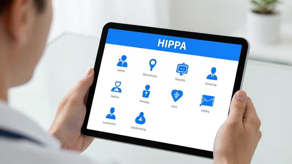 Un medico tiene un tablet che mostra strumenti AI HIPAA-compliant con icone blu per la comunicazione sanitaria