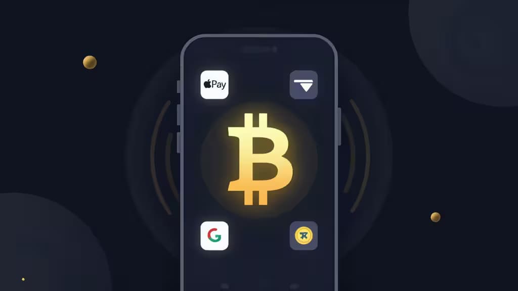 Smartphone displays Bitcoin symbol alongside Apple Pay and Google Pay icons, illustrating digital payment options for cryptocurrency transactions.