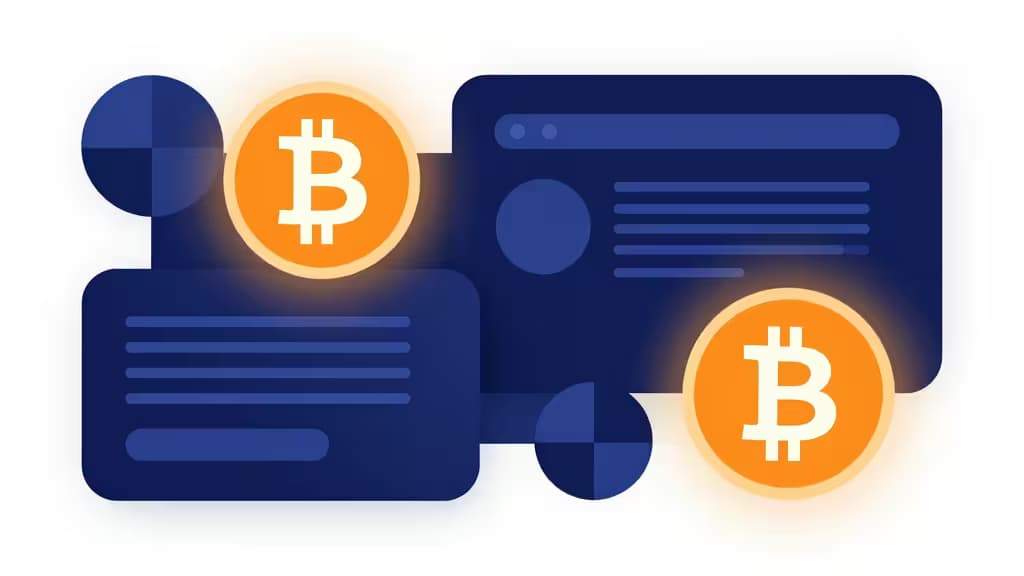 Glowing Bitcoin coins float beside stylized trading interface panels in a modern digital composition.
