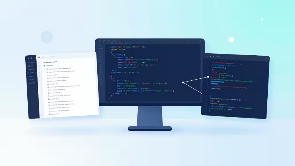 Abstrakte Illustration eines Entwickler-Arbeitsplatzes mit schwebenden Code-Panels, API-Endpunkt-Dokumentation und JSON-Schema-Strukturen in blau-türkiser Farbpalette.