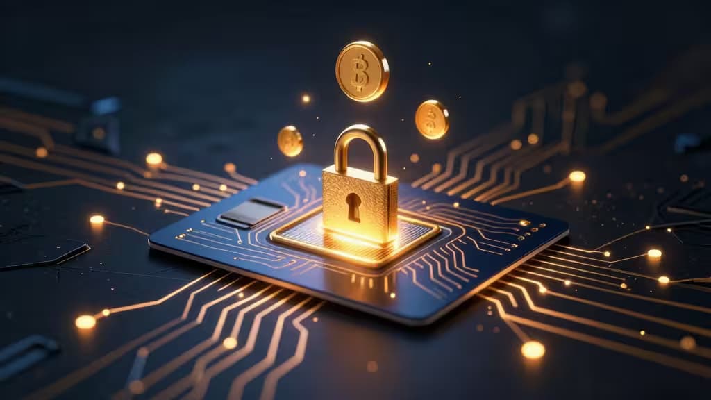 Gouden hangslot beveiligt een gloeiend circuitbord terwijl Bitcoin-tokens eromheen zweven.
