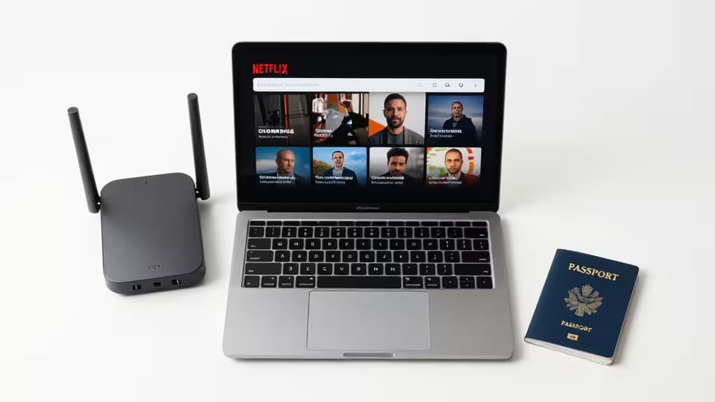 Um laptop prateado exibe a Netflix em português, ladeado por um roteador preto e um passaporte azul.