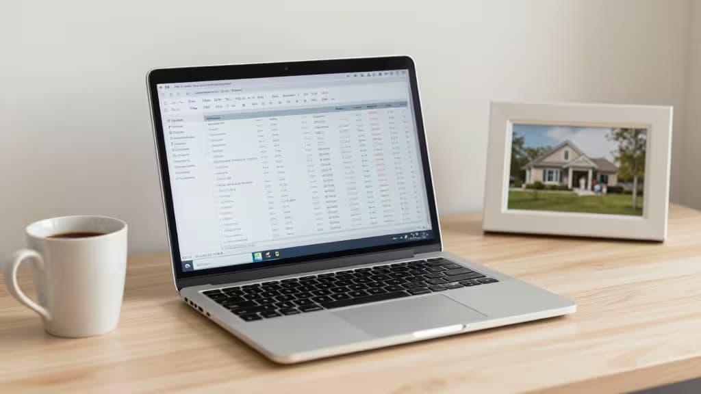 Laptop displays stock portfolio data beside coffee mug and framed house photo on wooden desk.