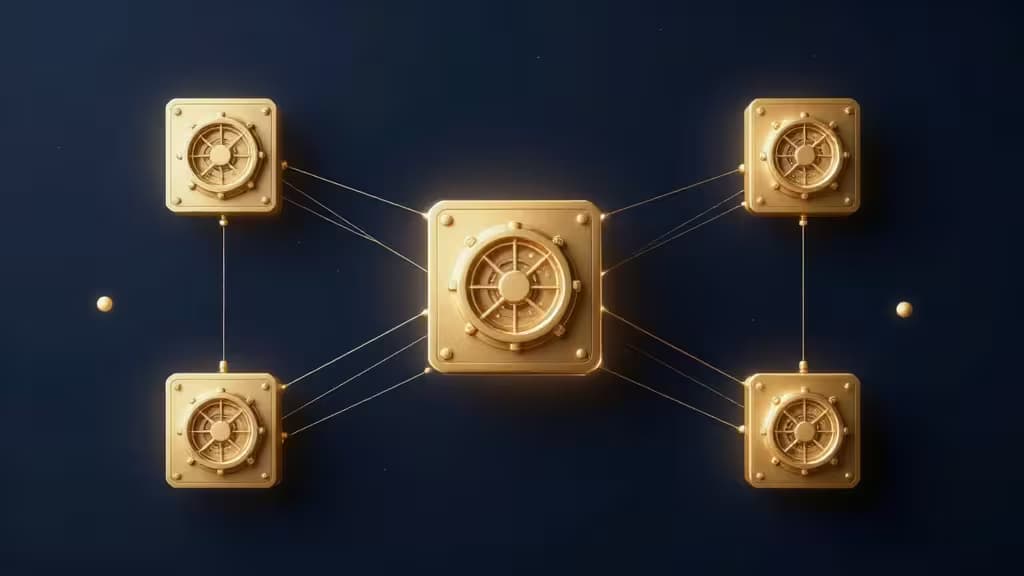 Golden vaults connected by glowing lines symbolize secure DeFi access in 2024.