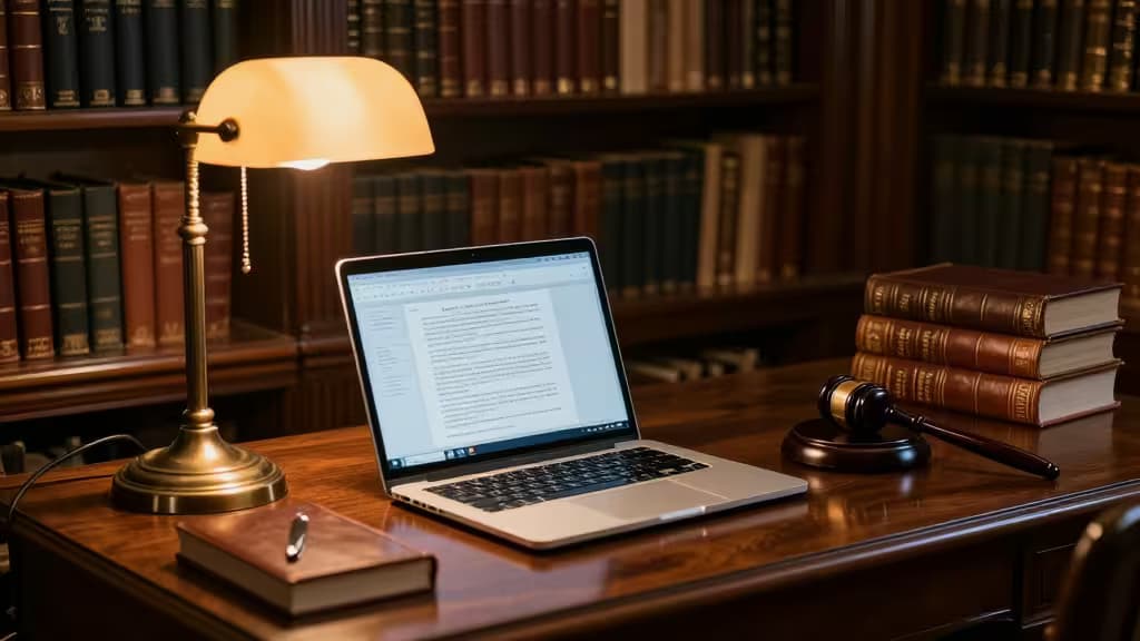 Um laptop exibindo texto jurídico sobre uma mesa de madeira polida ao lado de livros de direito empilhados e um martelo de juiz.