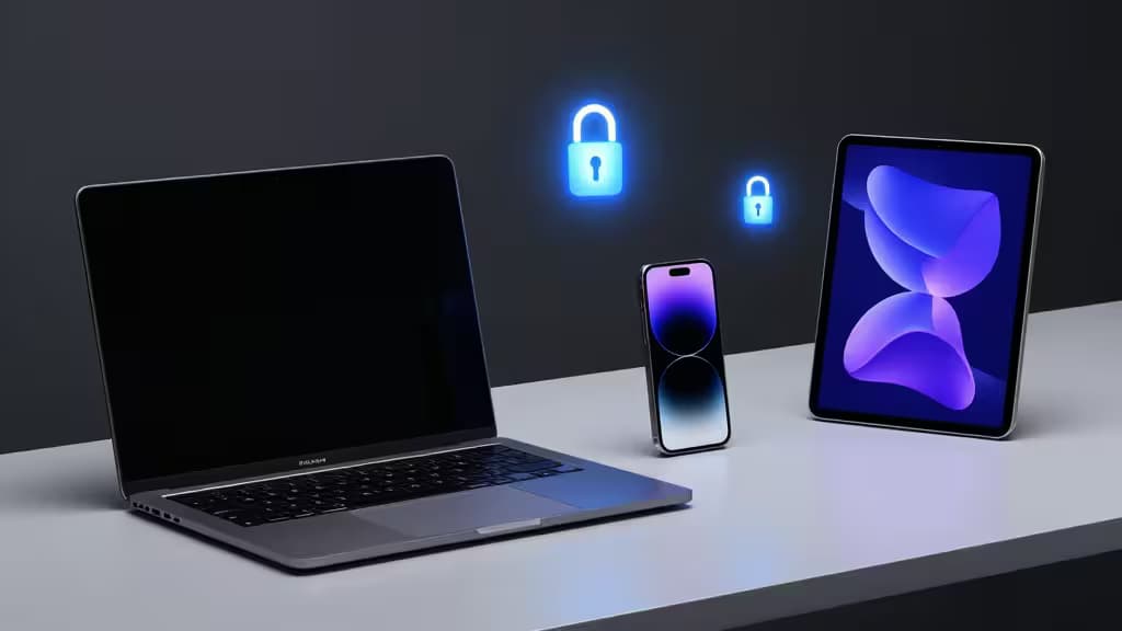 Laptop, iPhone, and iPad with glowing padlocks symbolize secure Apple ecosystem password management.