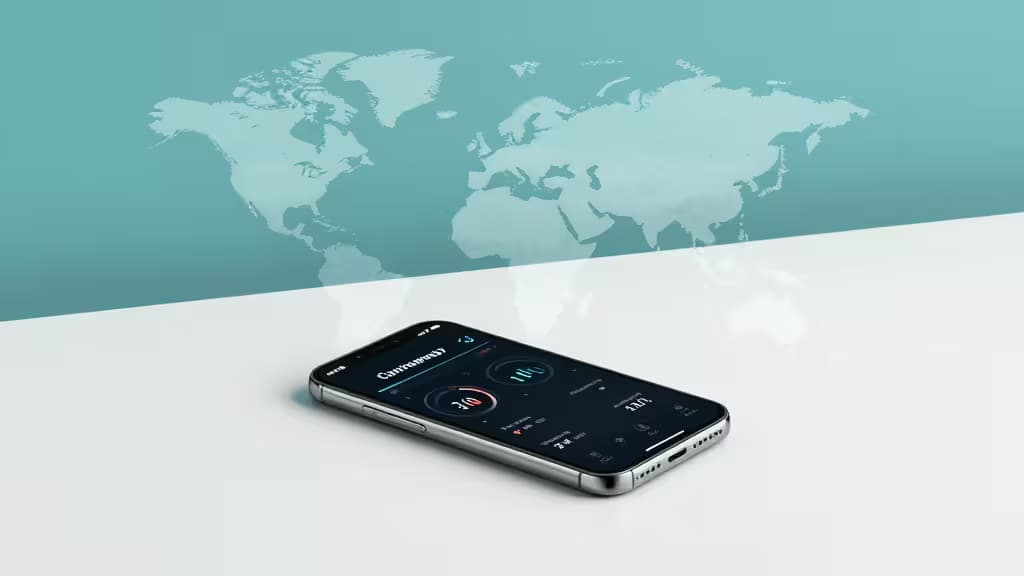 Uno smartphone che mostra la conversione valutaria appoggiato su una superficie bianca, con una mappa mondiale traslucida proiettata sullo sfondo tealdo.
