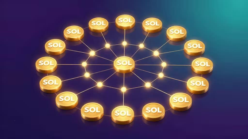 Abstract voorstelling van Solana staking met glinsterende gouden tokens in een circulair validator-netwerkpatroon op een diep paars-blauwe achtergrond.