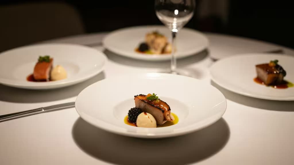 White ceramic plates hold gourmet dishes on a white tablecloth, with a wine glass in the background.