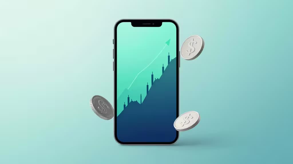 Smartphone con grafici finanziari in salita e candele di trading in tonalità teal e blu navy, estetica fintech minimalista