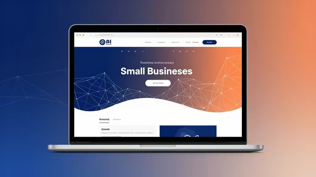 Un laptop mostra un'interfaccia di website builder con elementi geometrici astratti e grafica di rete su sfondo sfumato blu-arancione.