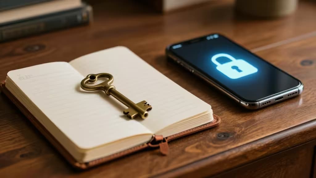 A brass key resting on an open leather-bound notebook beside a smartphone displaying a padlock icon, symbolizing digital legacy and password inheritance planning.
