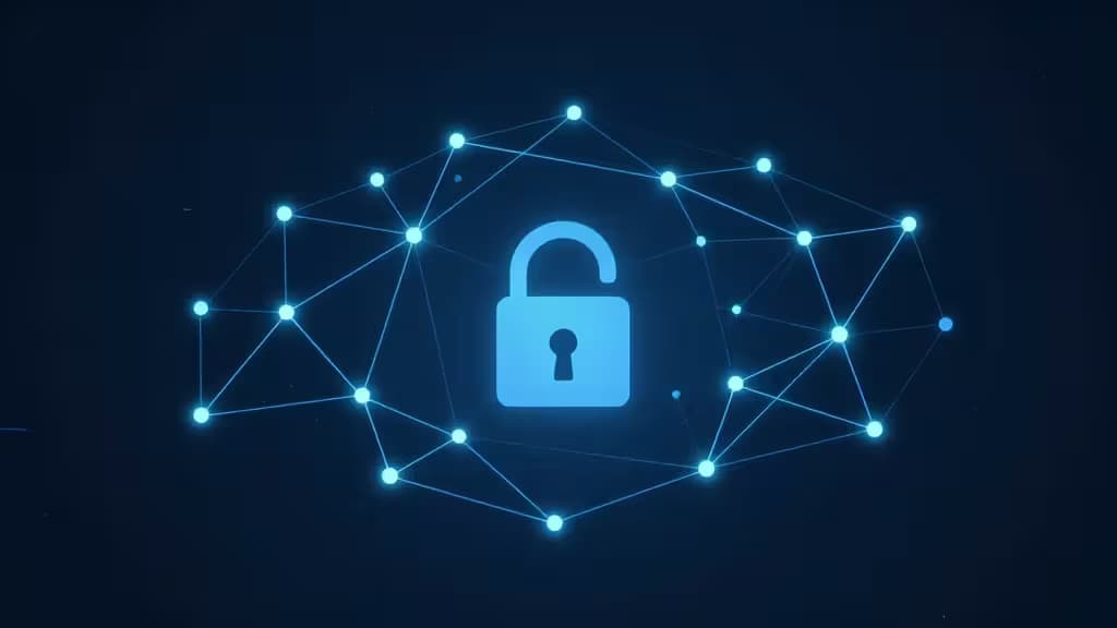 Abstrakte Darstellung eines Mesh-Netzwerks mit leuchtenden, verbundenen Knotenpunkten auf dunkelblauem Hintergrund
