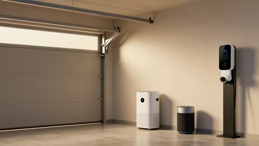 Borne de recharge VE, purificateur d'air et enceinte connectée disposés près d'une porte de garage fermée dans un atelier épuré.
