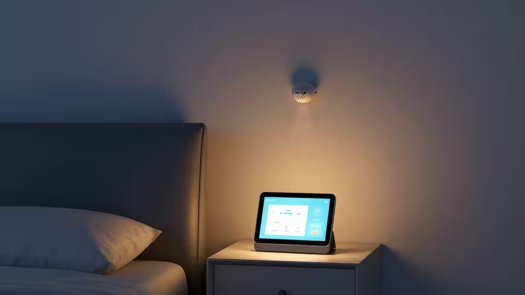 A modern smart home interior at night with a glowing smart display on a bedside table and a smoke detector silhouette on the ceiling, warm ambient lighting.