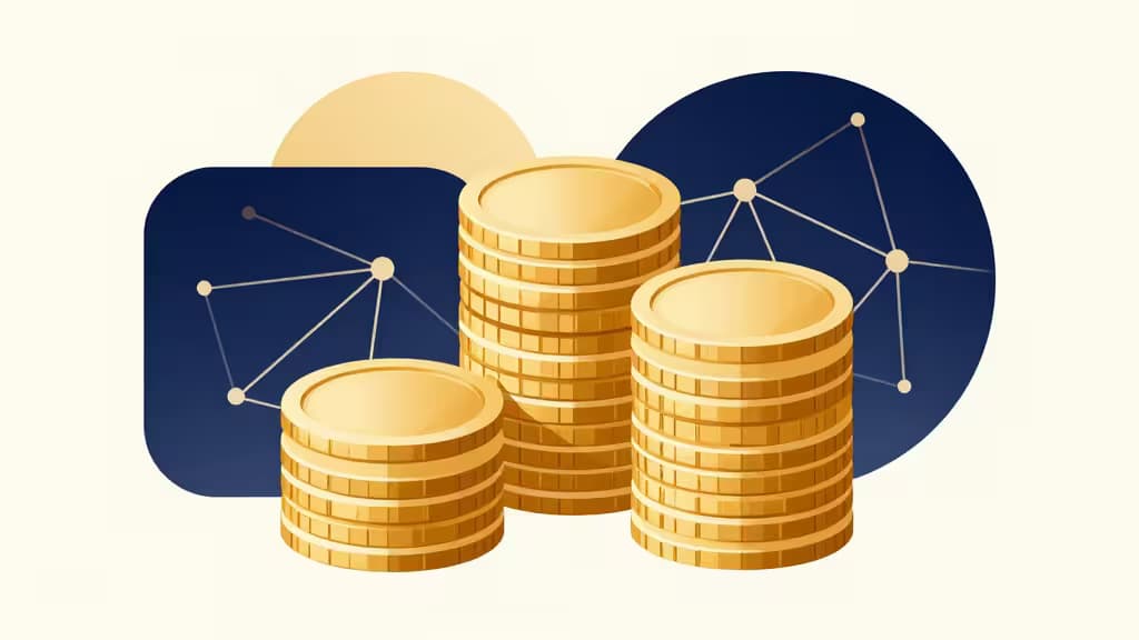 Golden coin stacks with network nodes symbolize crypto mining and staking rewards.