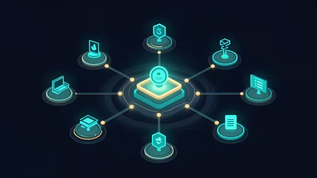 Glowing cyan icons radiate from a central platform hub, symbolizing interconnected services and workflows in a dark digital space.