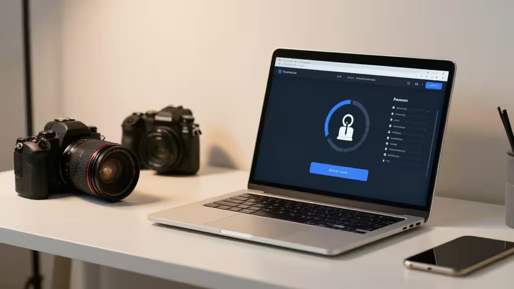 Silver laptop displays password manager interface beside two black DSLR cameras on white desk.
