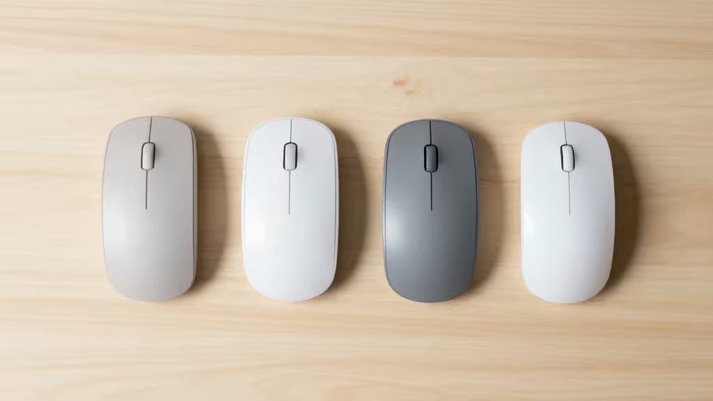 Quattro mouse verticali eleganti in bianco, grigio e beige su una superficie di legno chiaro.