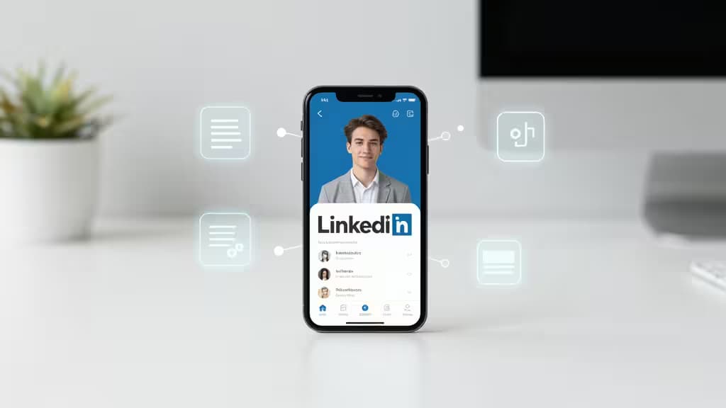 Smartphone displays LinkedIn profile with AI tool icons floating around it on a clean desk.