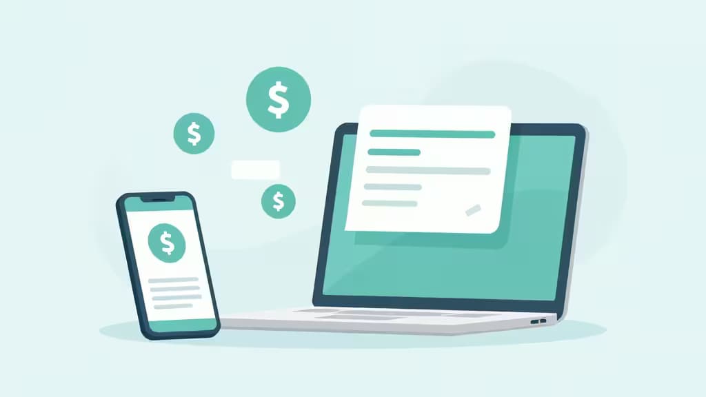 Laptop et smartphone affichant des applications bancaires avec des icônes de devises flottantes, symbolisant la banque digitale pour freelances.