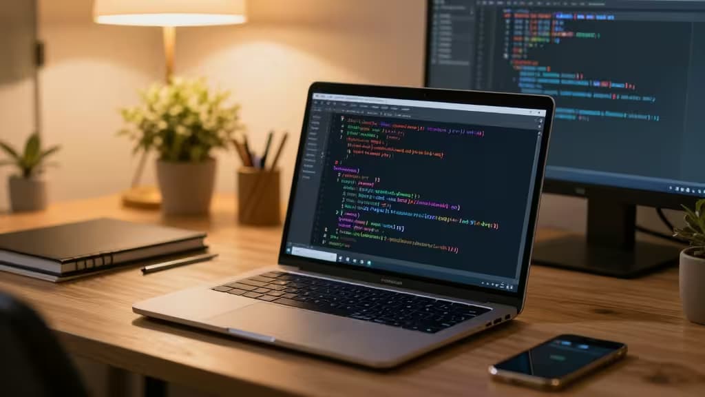 Nowoczesne stanowisko pracy programisty z laptopem wyświetlającym kod Pythona i diagramy schematów baz danych, ciepłe oświetlenie
