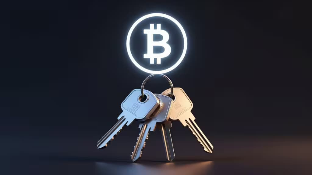 Glowing Bitcoin symbol hovers above metallic keys, symbolizing secure crypto access.