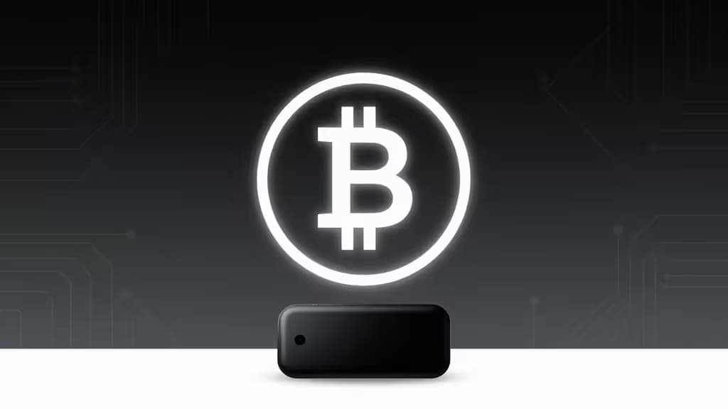 Carteira hardware preta com símbolo do Bitcoin brilhando sobre fundo escuro com circuitos, representando segurança de criptomoedas.