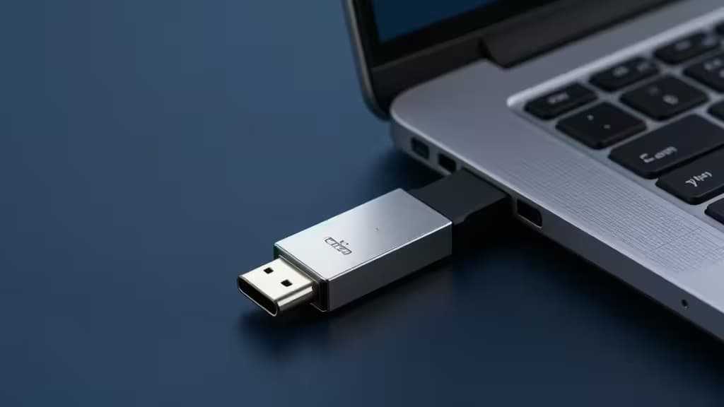 Chave de segurança USB-C prateada conectada a um laptop, destacando design elegante e conectividade segura em ambiente corporativo