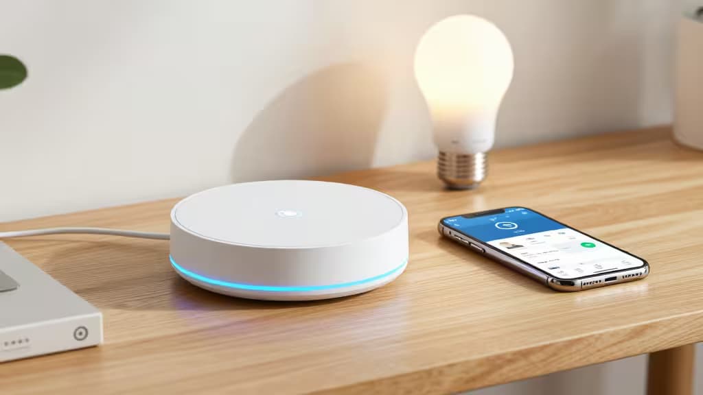 White smart hub with blue LED ring sits beside smartphone on wooden desk, controlling a glowing bulb.